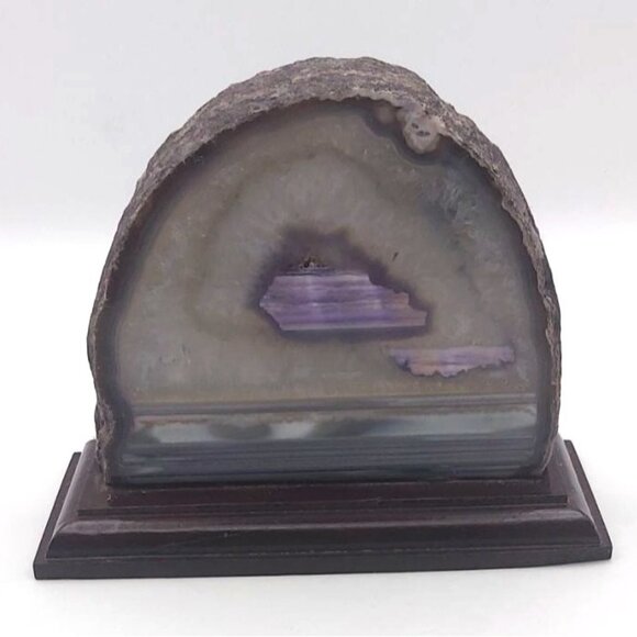 Brazilian Geode Agate Slice White & Purple Banded Mounted Wood Base - Picture 1 of 8